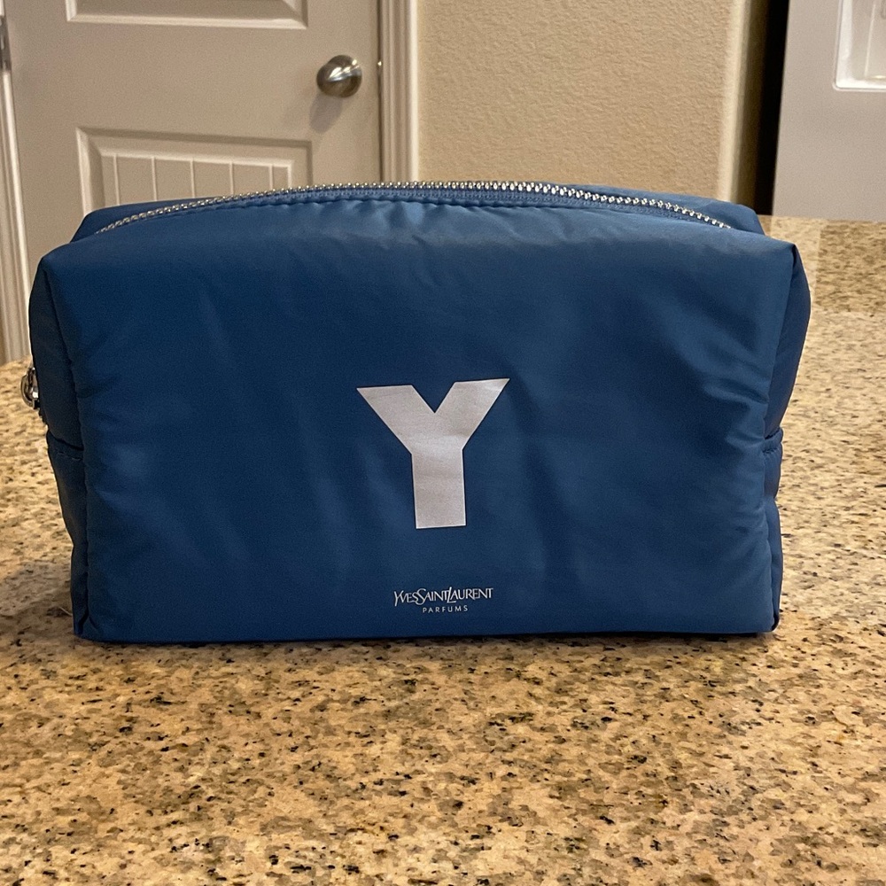 Yves Saint Laurent Blue Cosmetic Pouch with White 'Y' Logo